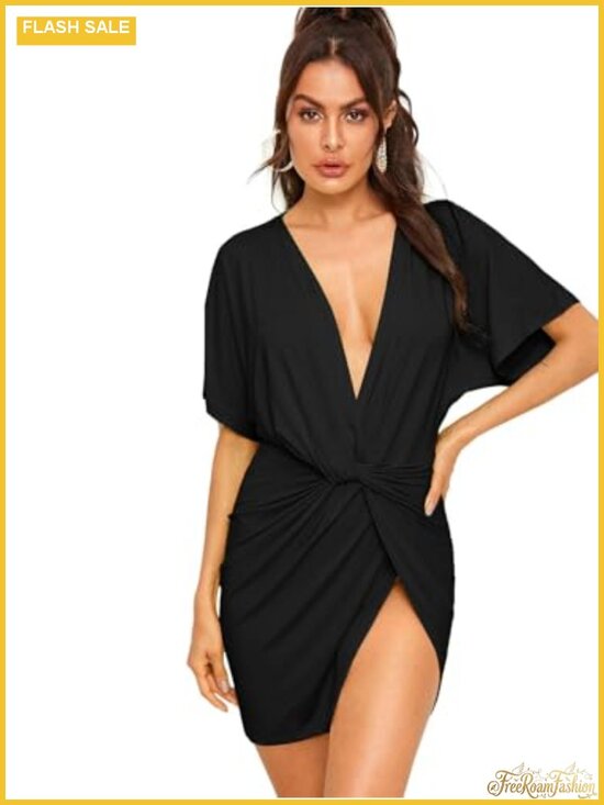 Dresses & Skirts - Twisted Deep V Neck High Slit Bodycon Mini Dress with Short Sleeves